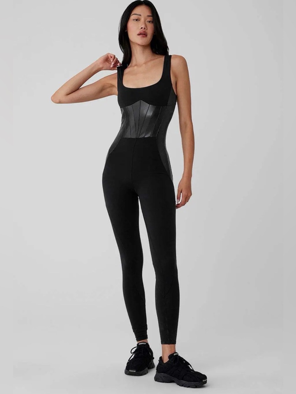 Alo Black Airbrush Racing Onesie with Faux Moto Biker Leather Accents  S/M